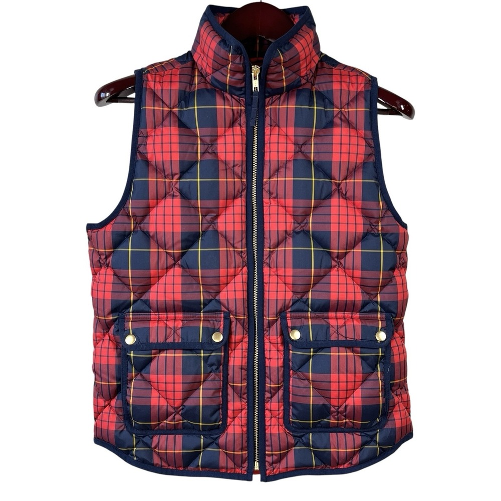 J Crew Excursion Down Puffer Vest Size S Red Tartan Plaid Heritage Preppy